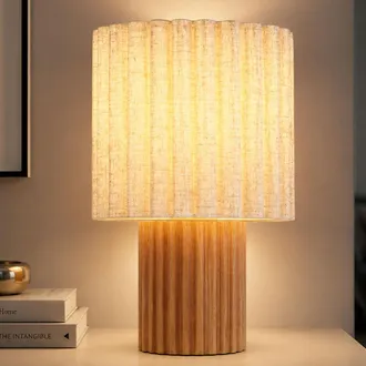 Globo Lighting Lampada Da Tavolo A Led, Lampada Da Tavolo In Lino Color Naturale, Lampada Da Camera Da Letto In Legno, H 30 Cm