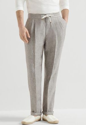 Brunello Cucinelli Linen and hemp diagonal trousers with drawstring and double pleats in Light Grey at Nordstrom, Size 54