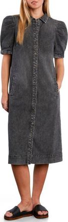 Wash Lab Denim Puff Sleeve Stretch Denim Midi Dress in Dark Cement at Nordstrom, Size X-Large