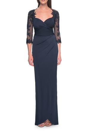 La Femme Long Jersey Evening Dress with Lace Sleeves in Navy at Nordstrom, Size 8