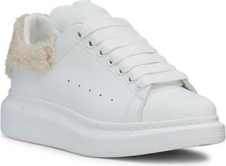 Alexander McQueen Oversize Genuine Shearling Trim Sneaker in White/Beige at Nordstrom, Size 6.5Us