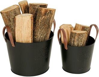 Relaxdays Relaxdays Set di 2 cesti per legna, metallo, manici in pelle, design albero della vita, nero/marrone