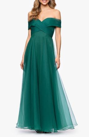 Betsy & Adam Off-the-Shoulder Tulle Gown in Green at Nordstrom, Size 10