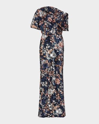 Amsale Floral Sequined Off-The-Shoulder Gown