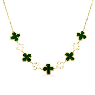Italian Gold, Inc 14K Yellow Gold Alternating Clover & Open Clover Necklace 9 Stations - Malachite
