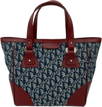 Dior Navy Wine Canvas Leather Handbag Tote Bag (Pre-Owned)