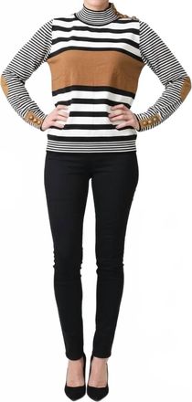 La Chic Designs Striped Mock Neck Knit Sweater In Black/white/brown