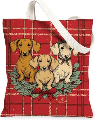 Generic Christmas Dog Canvas Tote Bags, Holiday Animal Print Reusable Grocery Bags, Lightweight Washable Shoulder Strap Canvas for Travel Beach Picnic 13x15 I