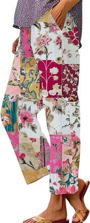 Generic Casual Linen Trousers Women, Womens Cotton Linen Trousers with Pockets Loose Palazzo Lounge Pants Elastic Waist Wide Leg Drawstring Casual Trouser Boh