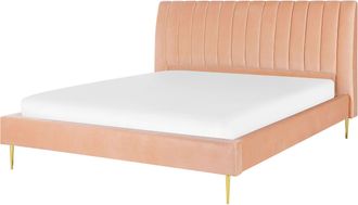 Beliani Beliani - Cama Con Somier De Terciopelo Rosa Melocot&oacute;n 180 X 200 Cm Reposacabezas Alto Vintage