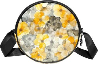 Generic Circle Crossbody Bag for Women, Floral Leaves Small Sling Bag Daypack with Zipper Adjustable Shoulder Straps Casual Ladies Girls Round Purse