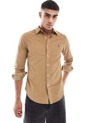 Polo Ralph Lauren Camicia slim in velluto a coste color cuoio con logo-Marrone