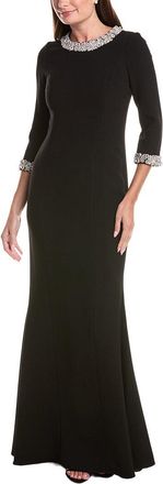 Teri Jon by Rickie Freeman Crepe Elbow Sleeve Floral Jewel Trim Gown