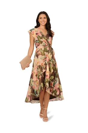 Adrianna Papell Womens Floral Hi Low Midi Dress - Brown - Size 10 UK
