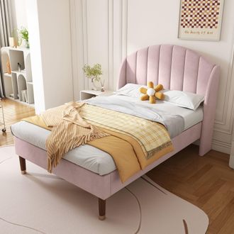 Matteo Velvety Upholstered Single Bed with Slatted Frame Headboard in Pink