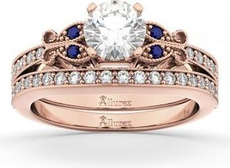 Allurez Butterfly Diamond & Blue Sapphire Bridal Set 14k Rose Gold (0.42ct)