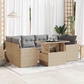 vidaXL Vidaxl - Set Sof&aacute;s De Jard&iacute;n 7 Piezas Y Cojines Rat&aacute;n Sint&eacute;tico Beige
