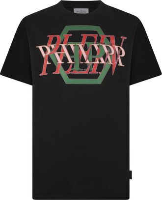 Philipp Plein Tops, Heren, Zwart, XL, Katoen, T-shirt met Ronde Hals Logo Hexagon