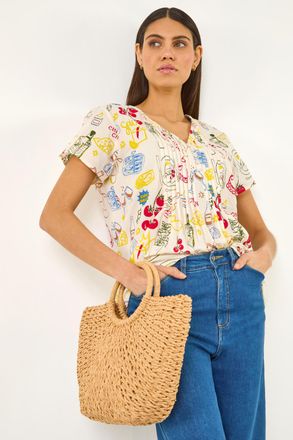 Roman Holiday Print Pleated V-Neck Top