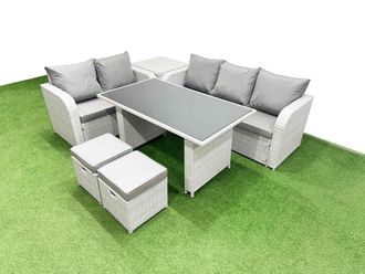 Fimous Garden Furniture Set with Rectangular Dining Table 2 Small Stools in Light Grey