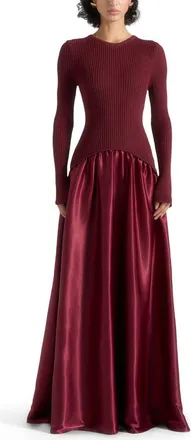 Mani&egrave;re De Voir Adeline Knit & Satin Curved Hem Maxi Dress in Wine Red at Nordstrom, Size 10