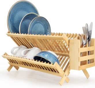 MegaChef 2 Tier Collapsible Kitchen Wood Drying Dish Rack in Bamboo at Nordstrom, Size Medium