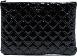Chanel Pre-owned Womens Medium Quilted Patent Double Stitch O Case Clutch - Black Leather - One Size