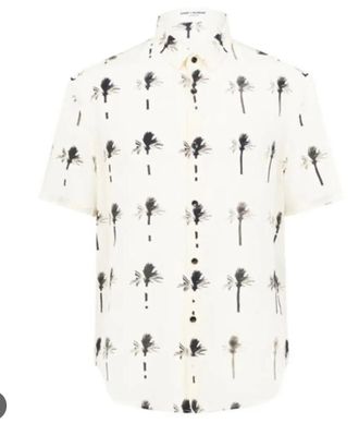Saint Laurent Cream Palm Tree Print Silk Shirt Size 15.5