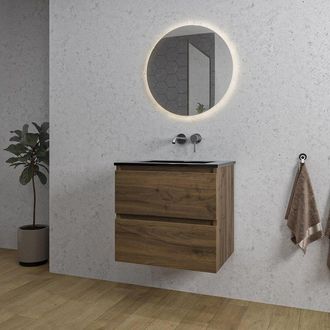 Saniclass Chaci Badkamermeubelset - 60x46x55cm - keramische wastafel zwart - 1 wasbak - zonder kraangat - 2 lades - ronde spiegel met verlichting - noten (hout)