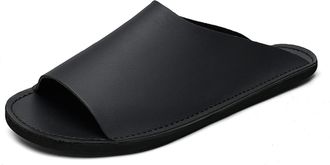 Generic Mens Genuine Leather Flat Slides Sandals Classic Round Open Toe Slip On Comfort Soft Bottom Anti-Slip Casual Slippers Lightweight Beach Walking Vacati