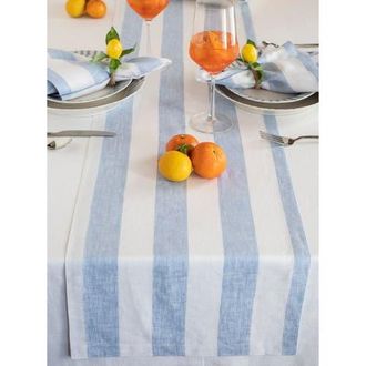 Solino Home Linen Table Runner for Dining Table, Holiday and Everyday Table Decor - Cabana Stripe in Sky Blue And White at Nordstrom, Size Xx-Large