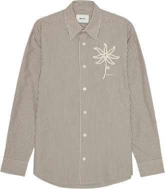 Nn.07 Gestreept overhemd met geborduurde bloem - Bruin