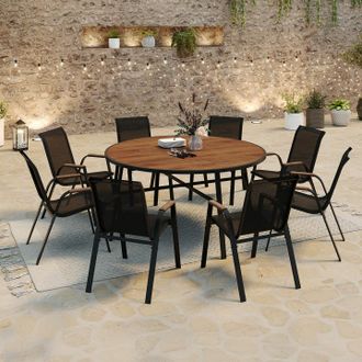 IDMarket Noumea Muebles De Jard&iacute;n - 150cm Mesa Redonda Y 8 Sillas Apilables En Negro Y Madera