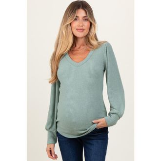Pinkblush Ribbed Knit V-Neck Button Cuff Top in Light Olive at Nordstrom, Size Large