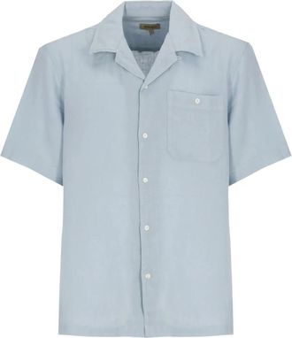 Woolrich S/S Linen Shirt - Heren - Korte mouwen Overhemden - Blauw - XL - Linnen - Overhemden