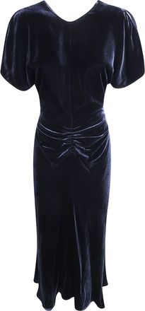 Victoria Beckham Bela Ruched Velvet Puffed-Sleeve Midi Dress