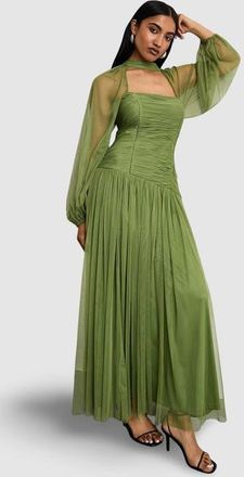 Warehouse Bow Detail Gathered Tulle Maxi Dress in Green at Nordstrom, Size 10