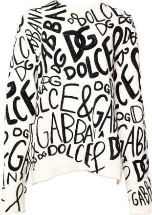 Dolce & Gabbana Womens Logo-Print Cashmere Blend Sweater White Viscose Wool