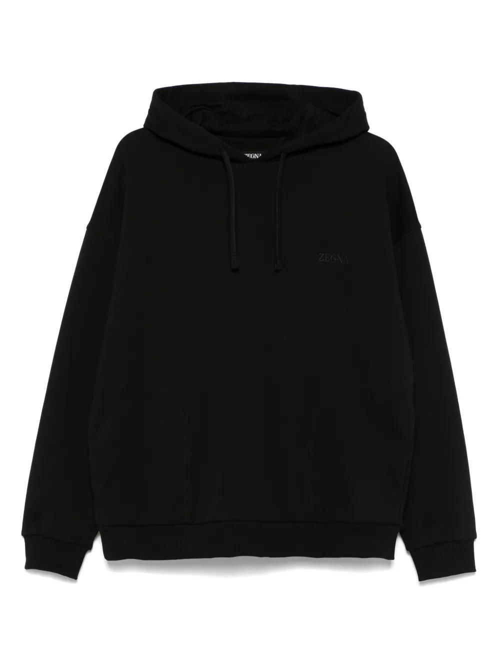 Tシャツ・カットソー ERMENEGILDO ZEGNA Men Hoodies N6MGI1830 001 Black Zegna - Logo-Embossed Cotton-Blend Jersey Sweatshirt - Black