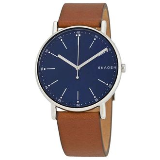 Skagen Signature Blue Dial Brown Leather Mens Watch SKW6355