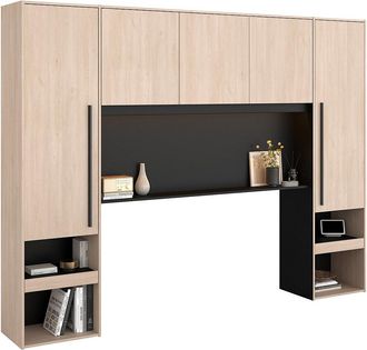 Vente-Unique Puente de cama con compartimentos - Con LEDs - Ancho 265 cm - Color: natural y negro - VELONA