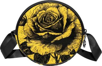 Generic Circle Crossbody Bag for Women, Yellow and Black Rose Small Sling Bag Daypack with Zipper Adjustable Shoulder Straps Casual Ladies Girls Round Purse