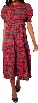 Sail to Sable Puff Sleeve Smocked Midi Dress In Red Tartan Plaid