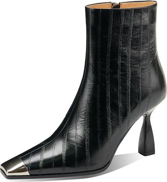 TinaCus Metal Square Toe Embossed Genuine Leather Handmade Zipper Stiletto High Heels Womens Ankle Boots, Black, 4.5 UK