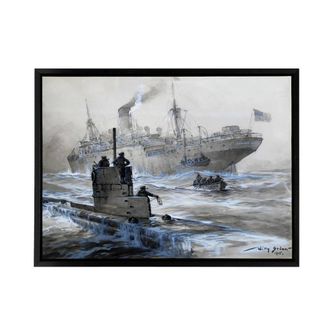 Artery8 Stower WWI U boat Sinking of Linda Blanche Framed Canvas Wall Art Print in Grey | Size: W24 x H32