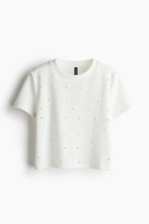 H&M T-Shirt mit Perlenverzierung - Weiss