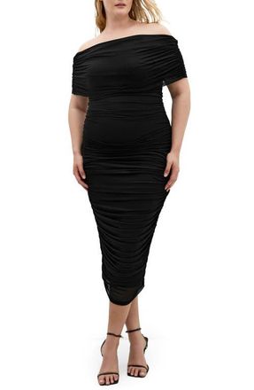 City Chic Dana Off the Shoulder Mesh Midi Dress in Black at Nordstrom, Size Xxs