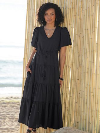 Heine Sommerkleid HEINE Webkleid, Damen, Gr. 34, Normalgr&ouml;ssen, schwarz, 100% Baumwolle, unifarben, lang, V-Ausschnitt, Kleider Sommerkleid