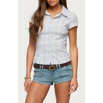 Edikted Naiah Plaid Short Sleeve Tailored Button-Up Shirt in Blue-And-White at Nordstrom, Size X-Small
