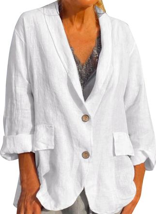 Generic Summer Jacket Womens Lightweight Long Linen Jacket Womens Large Sizes Elegant Black and White Blouse Blazer Open Front Business Blazer Jacket with Poc